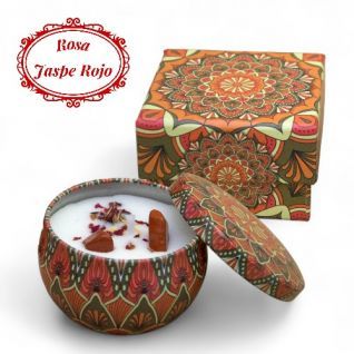 Vela lata con mineral Jaspe Rojo y Rosas